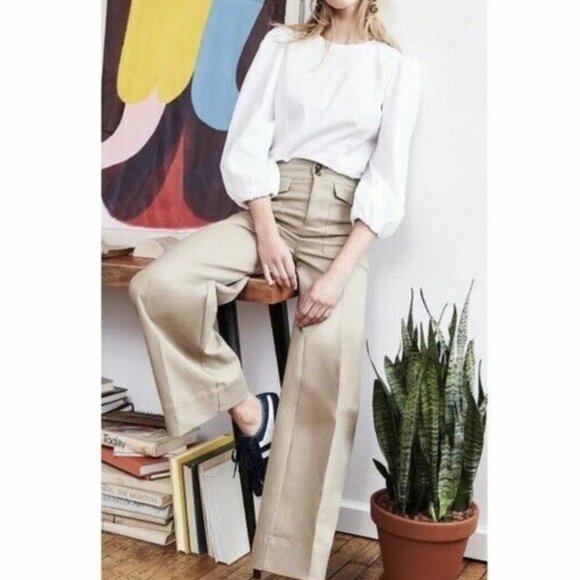 J. Crew Pants Women's Size 0 Khaki Officer Patch Pocket Wide Leg Twill Trouser - Picture 1 of 15
